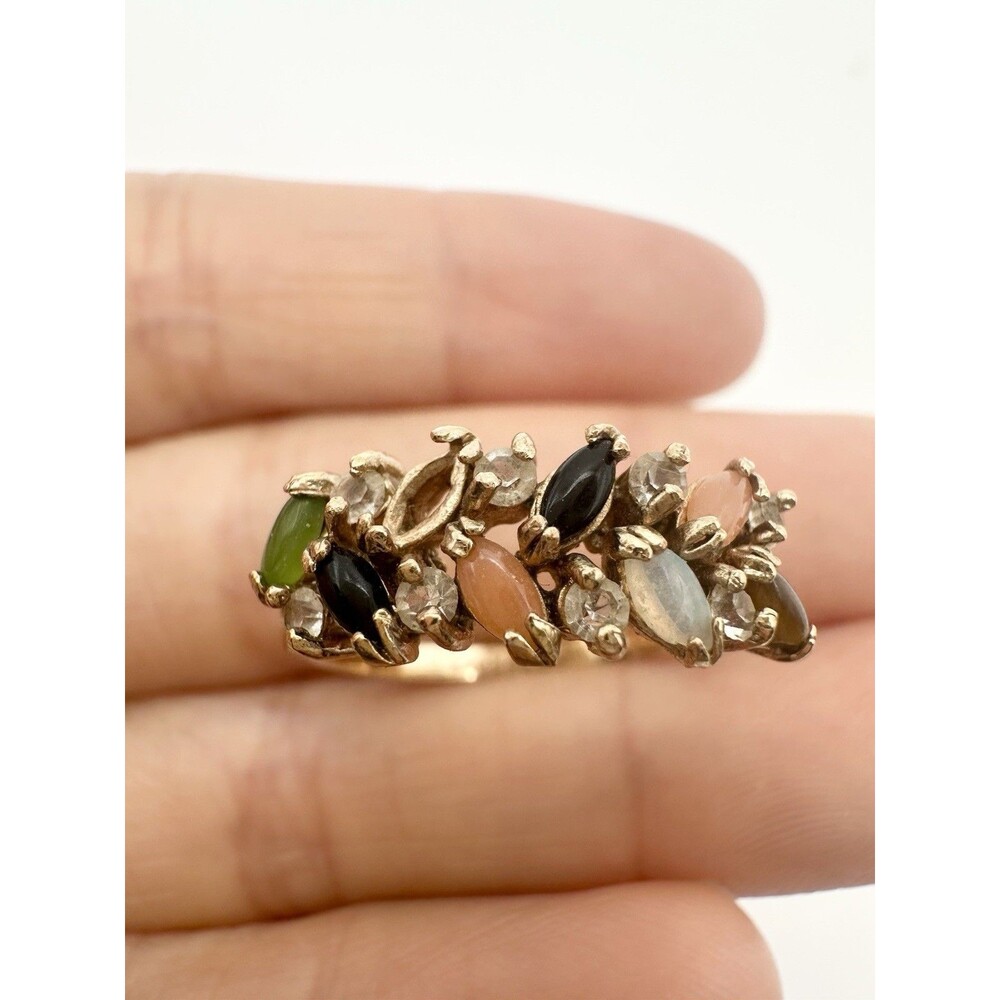 Vintage 14k Gold Marquise Opal Onyx Jade Coral Ring Sz 8.25 - Missing One Stone
